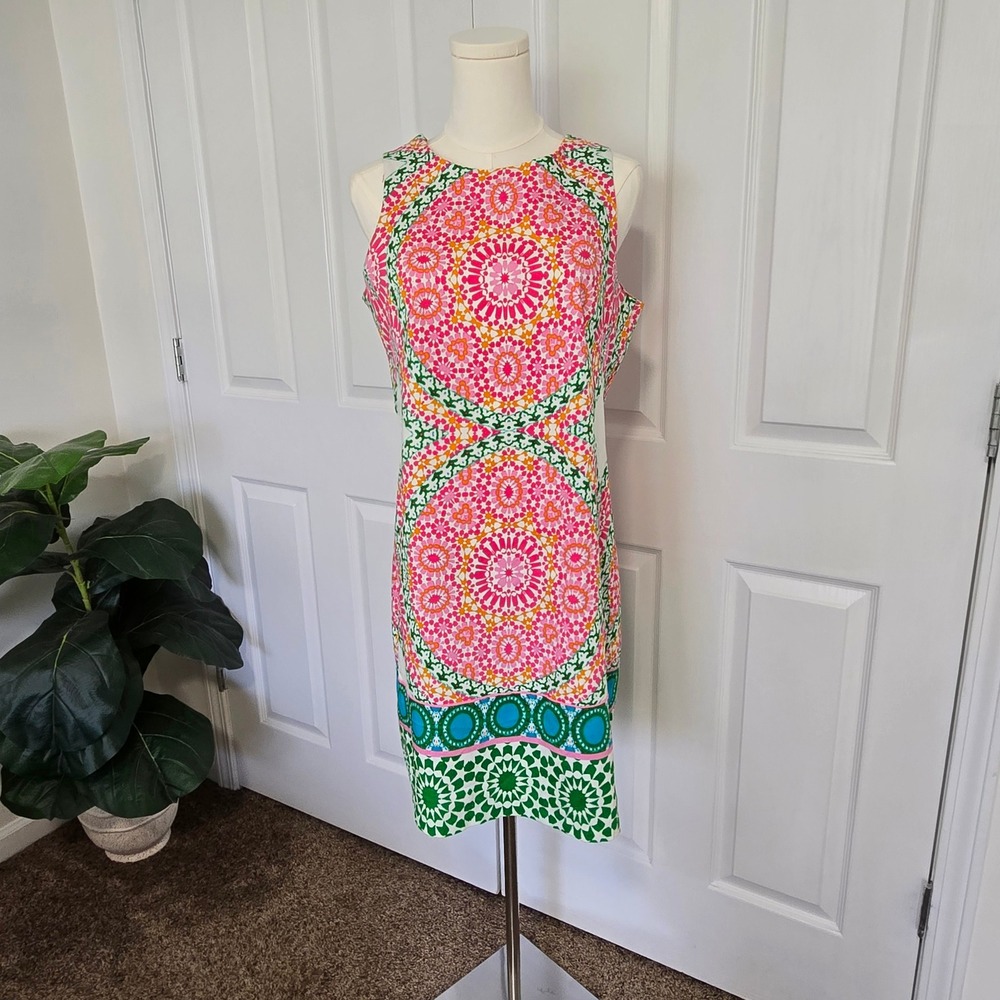 London Times Shift Dress Women 12 Pink Green Geometric Mandala Sleeveless Cotton